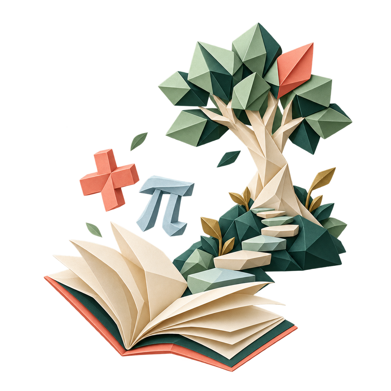 An open paper book, learning steps and a growing geometric tree