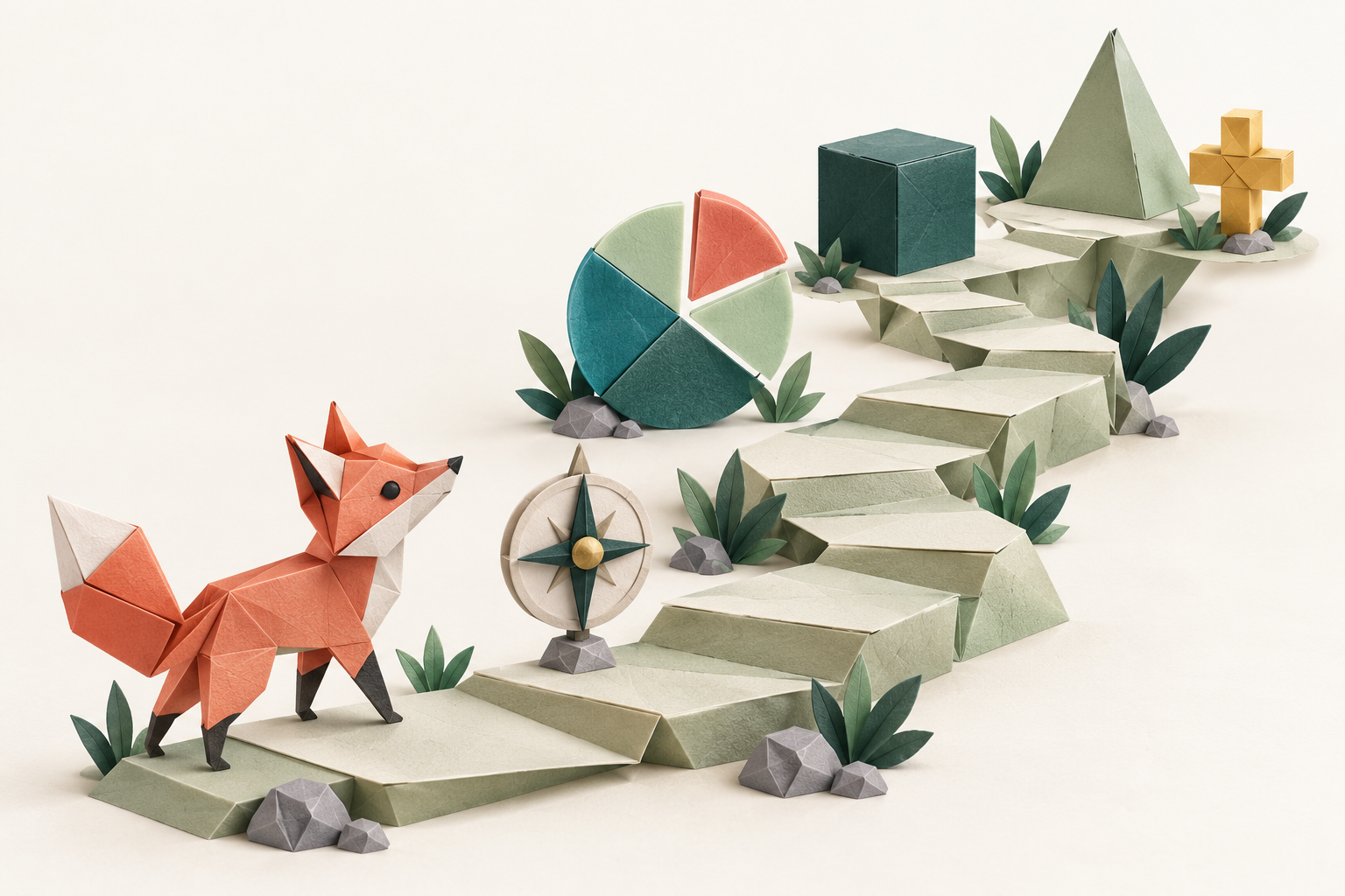 A coral origami fox exploring a path with a compass, fraction pieces and geometric shapes