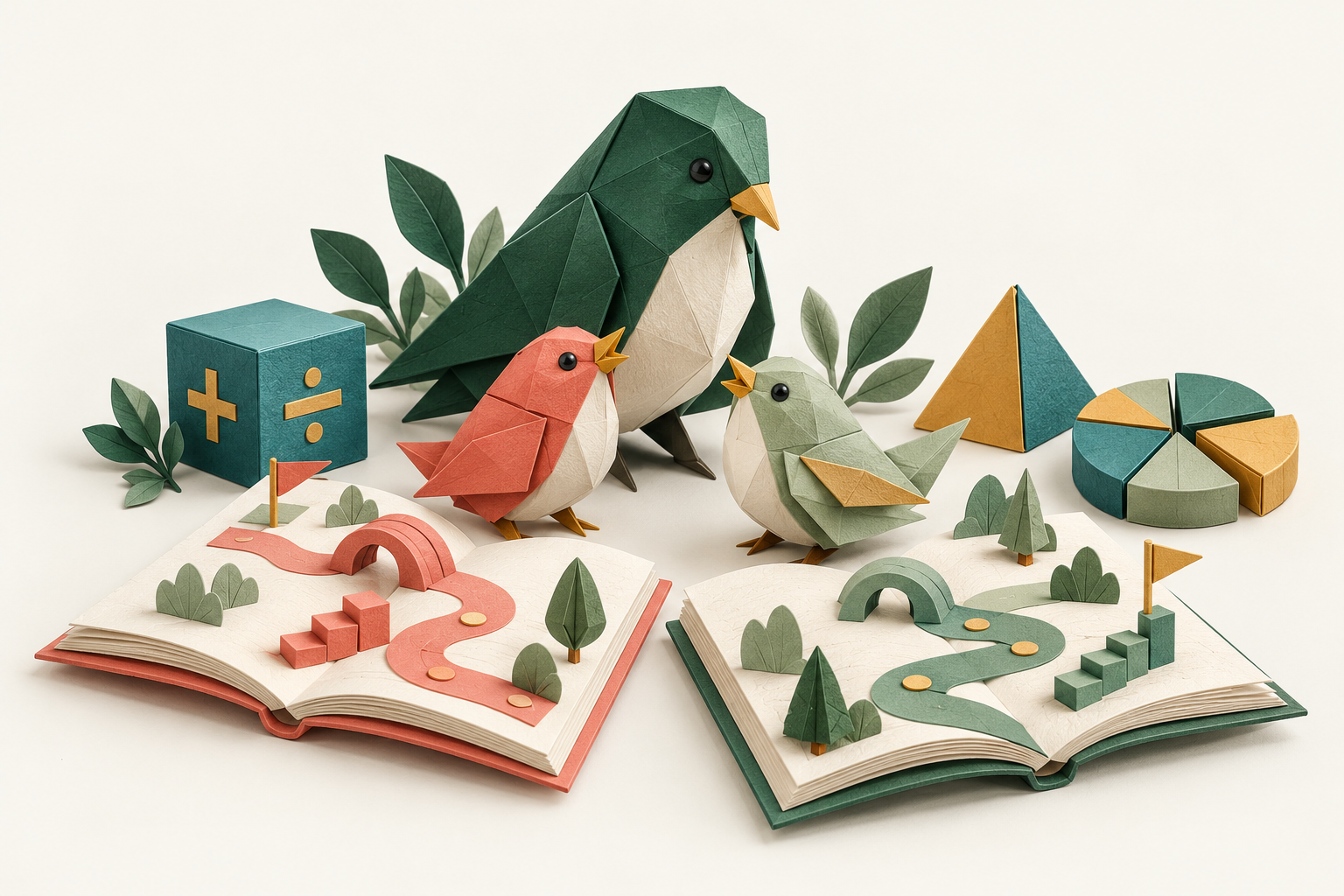 An origami parent bird and two differently coloured chicks on separate learning paths