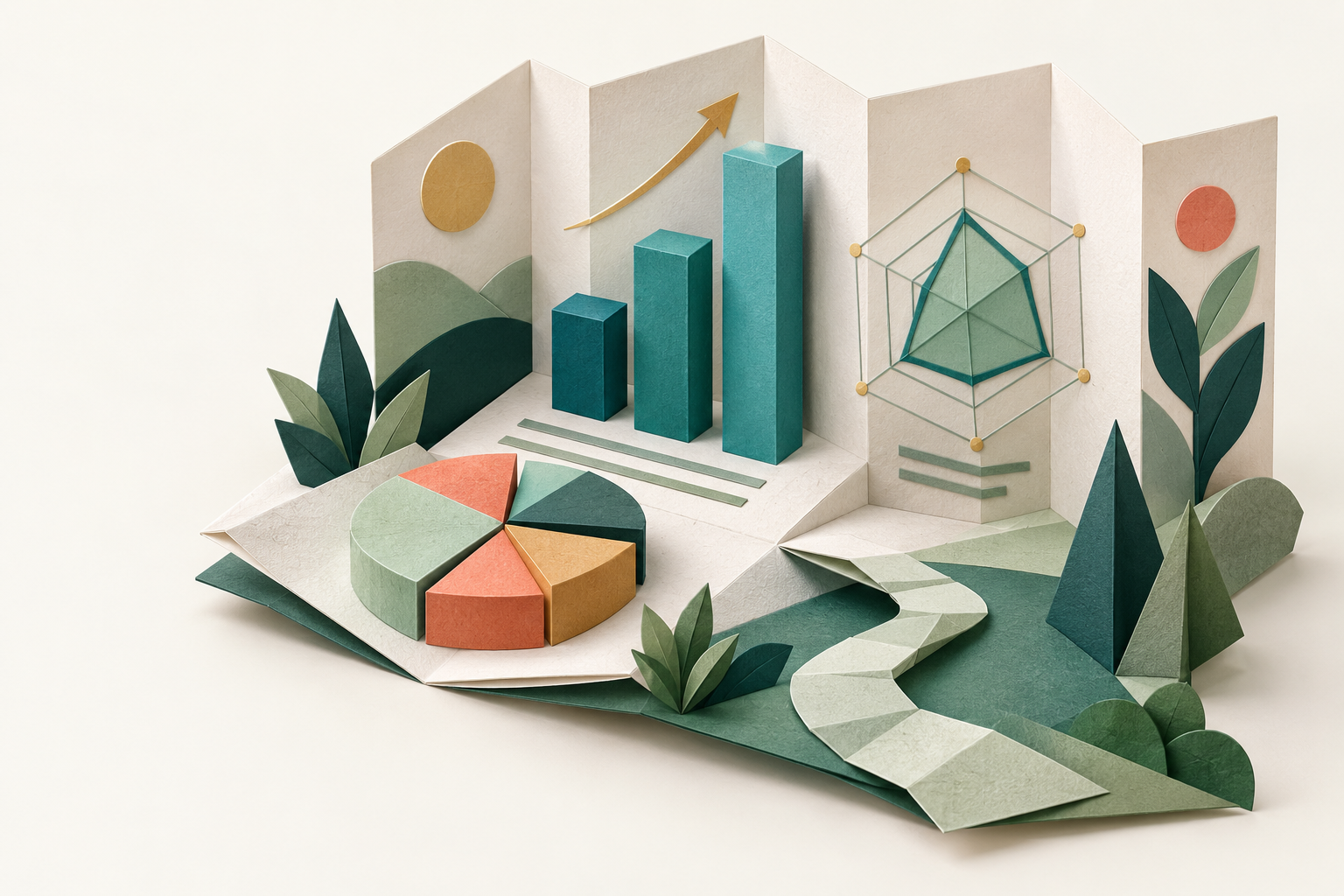 Folded report pages with a bar chart, a segmented circle and a geometric radar chart