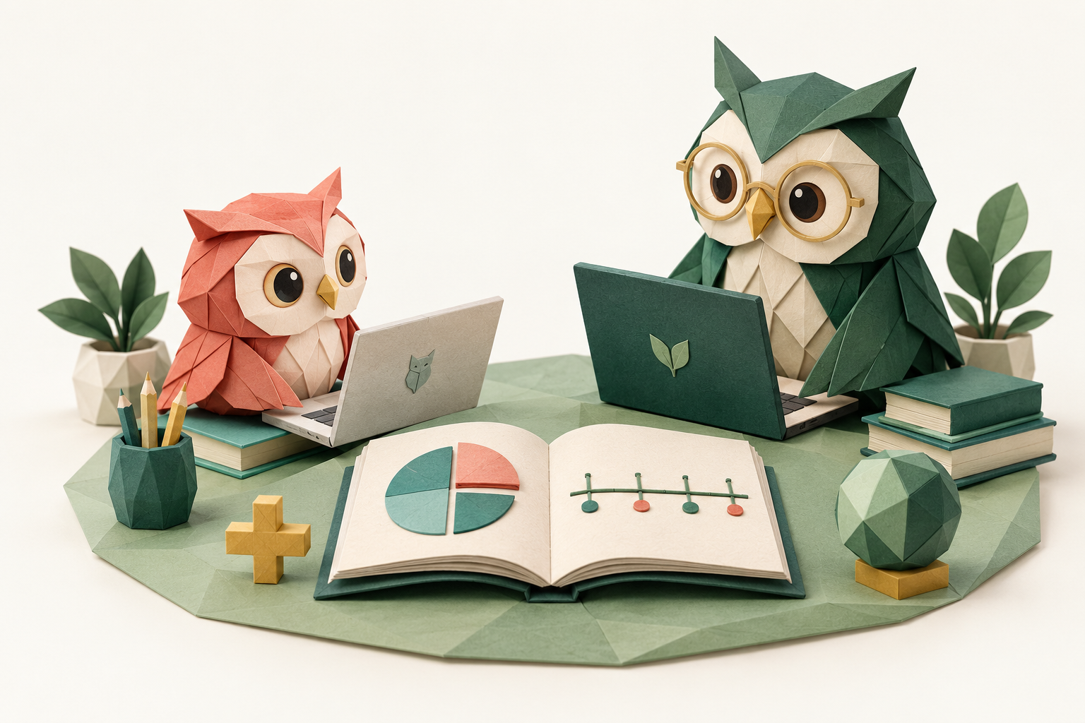 An origami owl tutor and young owl learning together with paper laptops and maths shapes
